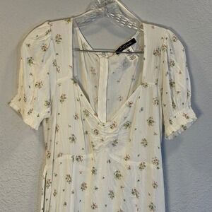 Mixed Threads Los Angeles Floral Midi Dress White Pink Ruched Puff Sleeve Medium